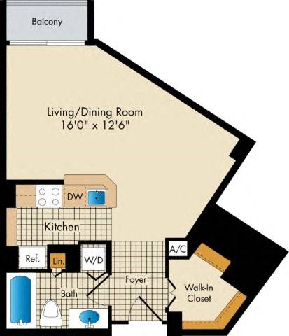 Floor plan for studio, 1 bath, 500 sqft