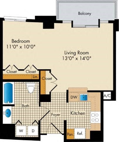 Floor plan for 1 bed, 1 bath, 590 sqft