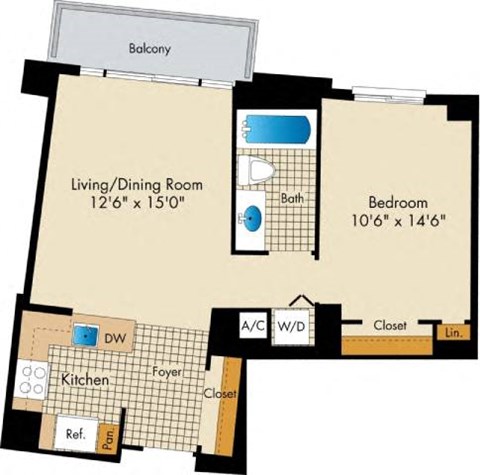 Floor plan for 1 bed, 1 bath, 605 sqft