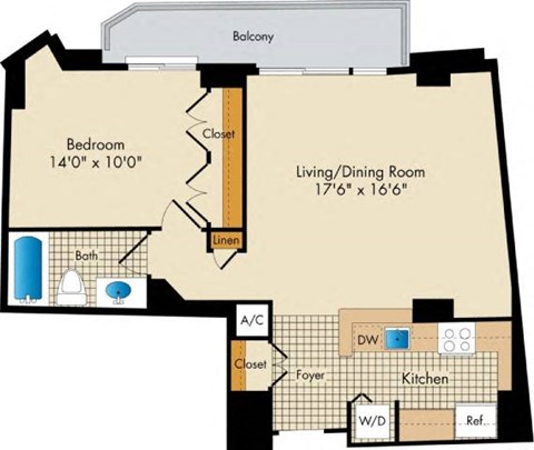Floor plan for 1 bed, 1 bath, 710 sqft