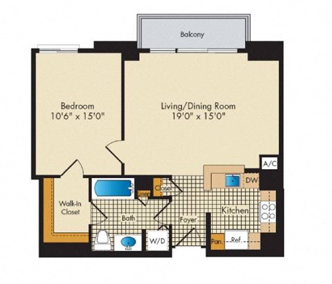 Floor plan for 1 bed, 1 bath, 745 sqft