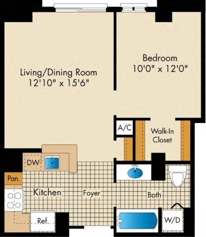 Floor plan for 1 bed, 1 bath, 575 sqft