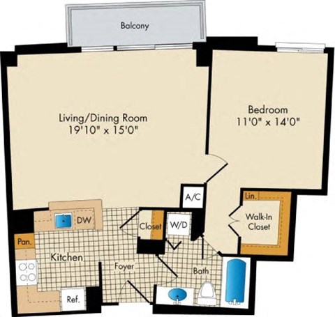 Floor plan for 1 bed, 1 bath, 780 sqft