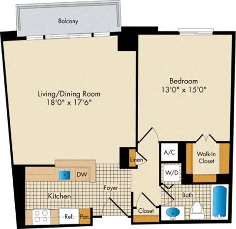 Floor plan for 1 bed, 1 bath, 790 sqft