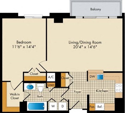 Floor plan for 1 bed, 1 bath, 825 sqft