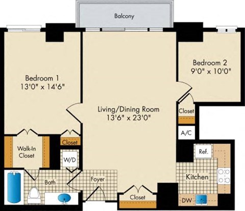Floor plan for 2 beds, 1 bath, 850 sqft