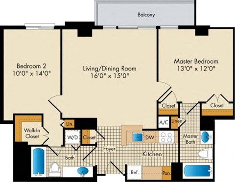 Floor plan for 2 beds, 2 baths, 940 sqft