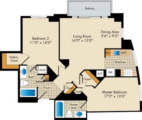 Floor plan for 2 beds, 2 baths, 990 sqft