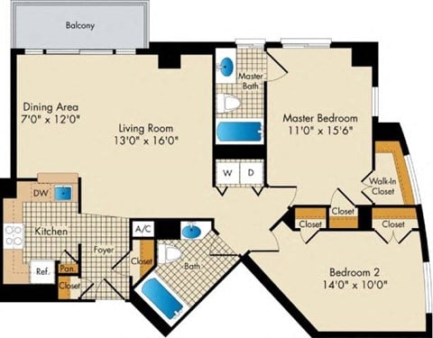 Floor plan for 2 beds, 2 baths, 1030 sqft