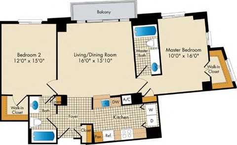 Floor plan for 2 beds, 2 baths, 1040 sqft