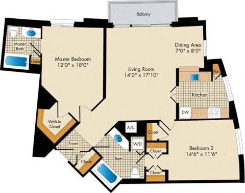 Floor plan for 2 beds, 2 baths, 1095 sqft
