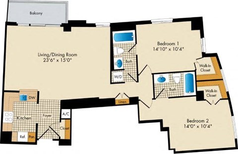 Floor plan for 2 beds, 2 baths, 1100 sqft