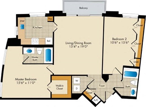 Floor plan for 2 beds, 2 baths, 1130 sqft