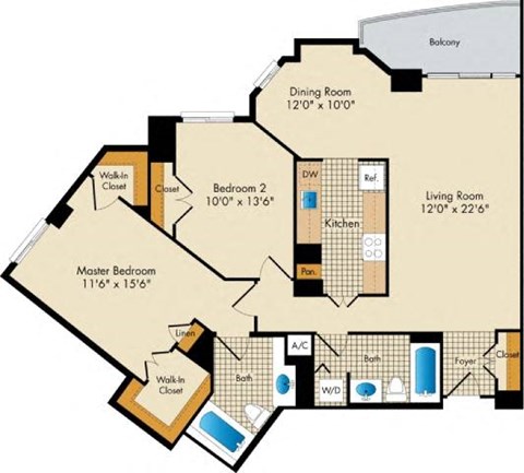 Floor plan for 2 beds, 2 baths, 1150 sqft