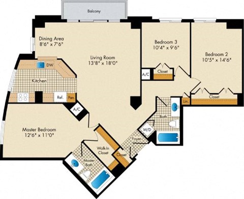 Floor plan for 3 beds, 2 baths, 1300 sqft
