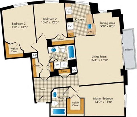 Floor plan for 3 beds, 2 baths, 1360 sqft