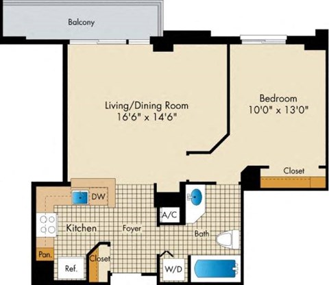 Floor plan for 1 bed, 1 bath, 650 sqft