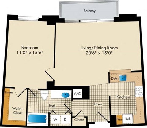 Floor plan for 1 bed, 1 bath, 830 sqft