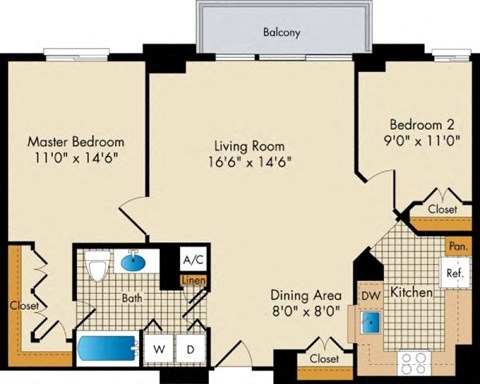 Floor plan for 2 beds, 2 baths, 930 sqft