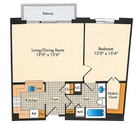 Floor plan for 1 bed, 1 bath, 810 sqft