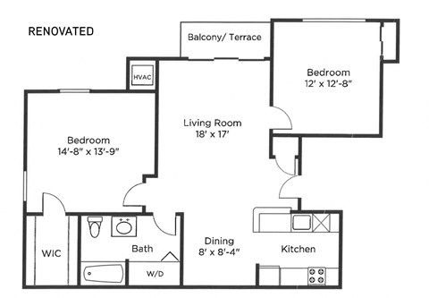 Floor plan for 2 beds, 1 bath, 985 sqft