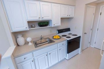 Euclid apartment for rent - a kitchen with white cabinets and a sink and a stove