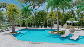 Fort Pierce apartment for rent - A pool surrounded by palm trees and lounge chairs.