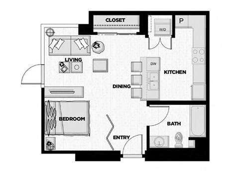 Floor plan for studio, 1 bath, 559 sqft