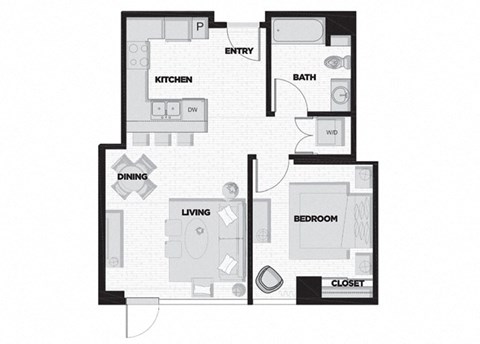 Floor plan for 1 bed, 1 bath, 595 sqft