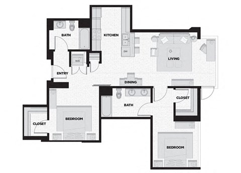 Floor plan for 2 beds, 2 baths, 1050 sqft