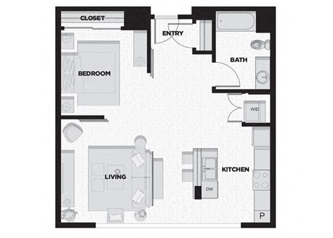 Floor plan for 1 bed, 1 bath, 720 sqft