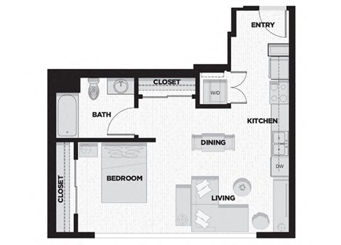 Floor plan for studio, 1 bath, 557 sqft