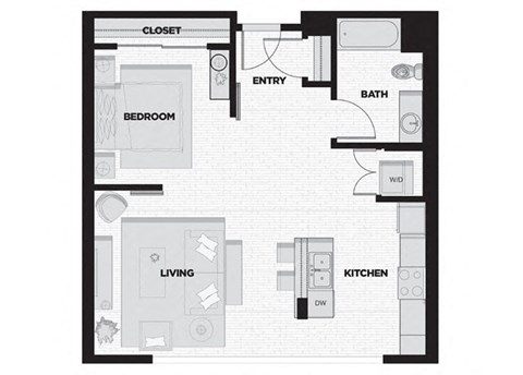 Floor plan for 1 bed, 1 bath, 744 sqft