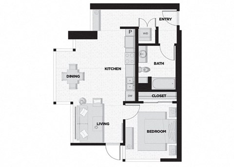 Floor plan for 1 bed, 1 bath, 726 sqft