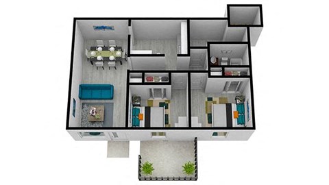 Floor plan for 2 beds, 1 bath, 864 sqft