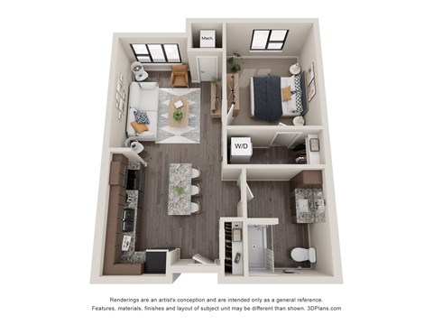 Floor plan for 1 bed, 1 bath, 691 sqft