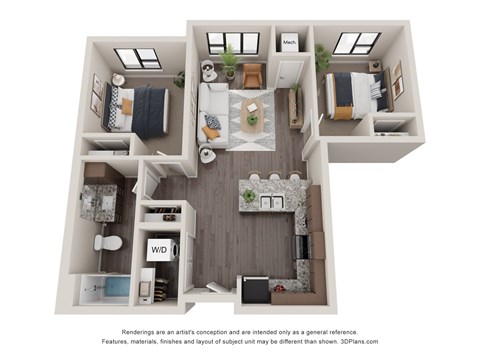 Floor plan for 2 beds, 1 bath, 837 sqft