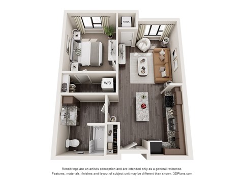 Floor plan for 1 bed, 1 bath, 691 sqft