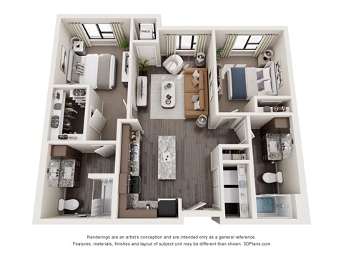 Floor plan for 2 beds, 2 baths, 967 sqft