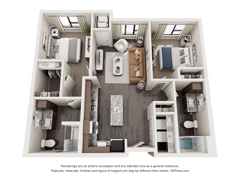 Floor plan for 2 beds, 2 baths, 967 sqft