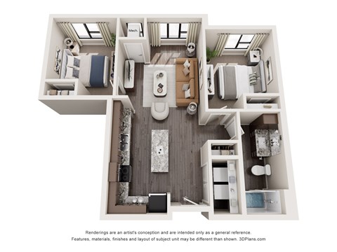 Floor plan for 2 beds, 1 bath, 837 sqft