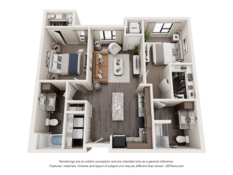 Floor plan for 2 beds, 2 baths, 994 sqft