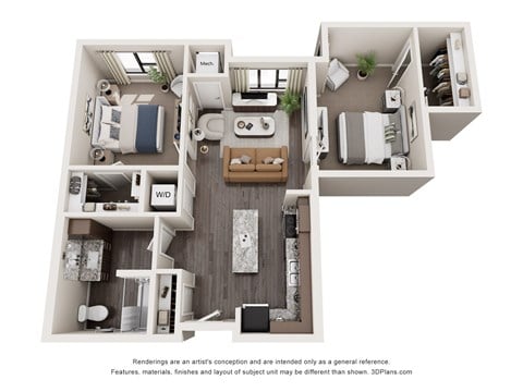 Floor plan for 2 beds, 1 bath, 901 sqft
