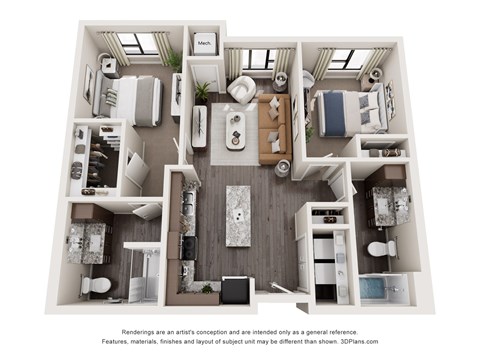 Floor plan for 2 beds, 1 bath, 967 sqft