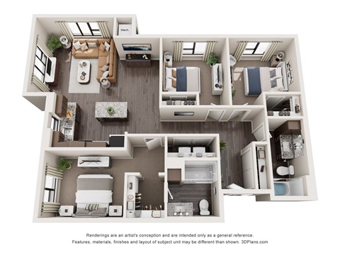 Floor plan for 3 beds, 2 baths, 1348 sqft