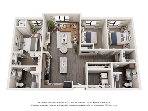 Floor plan for 3 beds, 2 baths, 1300 sqft