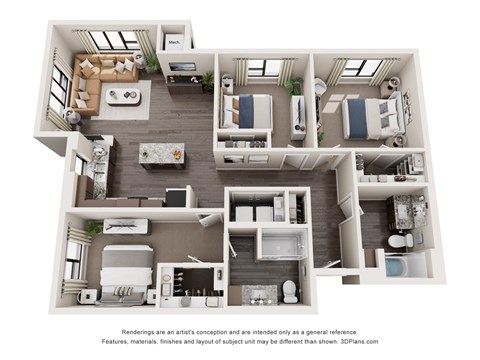 Floor plan for 3 beds, 2 baths, 1331 sqft