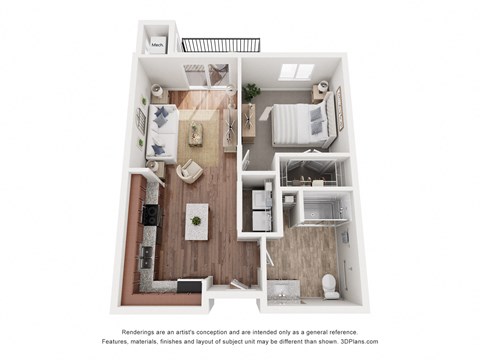 Floor plan for 1 bed, 1 bath, 685 sqft