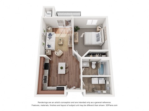 Floor plan for 1 bed, 1 bath, 685 sqft