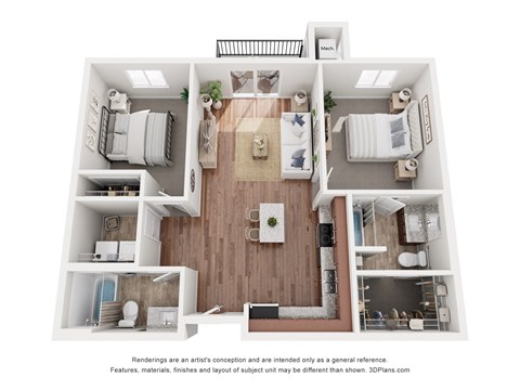 Floor plan for 2 beds, 2 baths, 1018 sqft